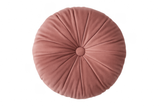 Pink velvet round tufted accent pillow on transparent background