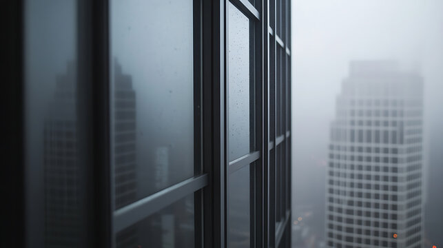 A view of the modern city architecture on a cloudy day, showcasing glass and steel in an urban landscape, with buildings partially obscured by the mist.