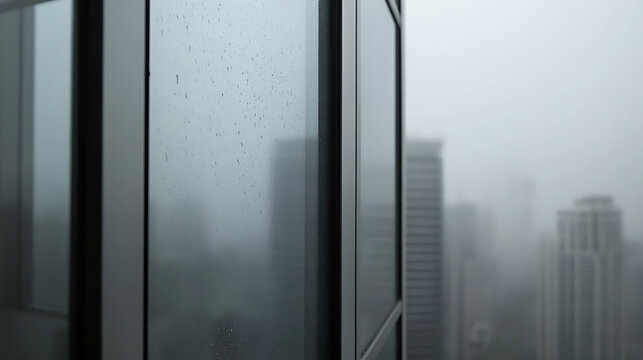 A close up of a window covered in raindrops with cityscape and fog in the background evokes a sense of isolation and beauty in urban weather.