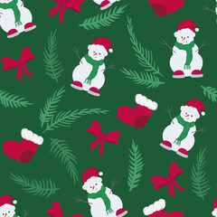 Christmas vector seamless pattern. New Year background with snowman, ribbon,  tree,  Santa. Holliday wallpaper. Template for print, banner, web, gift.