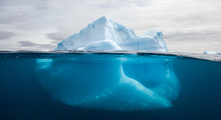 Majestic iceberg reveals its massive submerged underwater form in crystal clear arctic waters under dramatic cloudy sky