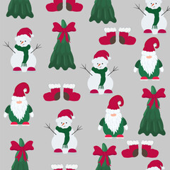 Christmas vector seamless pattern. New Year background with snowman, ribbon,  tree,  Santa. Holliday wallpaper. Template for print, banner, web, gift.
