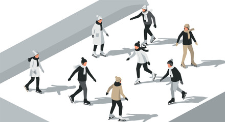 Fototapeta premium Isometric ice skaters enjoying winter activity on outdoor rink