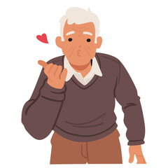 Grey-haired senior man cartoon character sending air kiss experiencing romantic gesture portrait