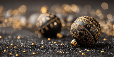 A luxurious New Year's composition with black and gold decorations and a blurred background. Elegant modern holiday background. Glitter particles.