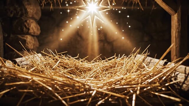 Nativity scene: Closeup of the Star of Bethlehem Glowing Over the Empty Cradle of Jesus Christ, Symbolizing the Nativity. Biblical Scene Video Footage