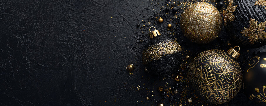 A luxurious New Year's composition with black and gold decorations and a blurred background. Elegant modern holiday background. Glitter particles. - Powered by Adobe