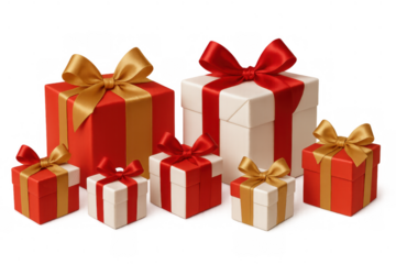 Gift boxes in red and white with gold and red ribbons creating a festive celebration and holiday theme
