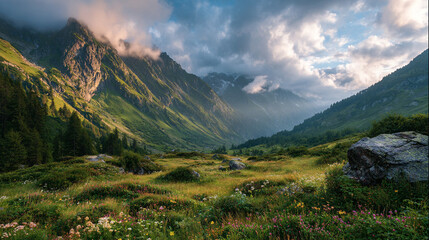 Fototapeta premium Majestic Snow-Capped Mountain Peaks Under Dramatic Sky