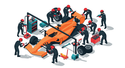 Efficient pit stop scene with crew working on race car in isometric style