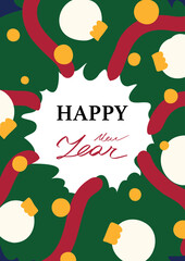 A festive New Year greeting card featuring a colorful wreath design. The illustration shows green leaves, red ribbons, yellow and white ornaments surrounding a bright white center.