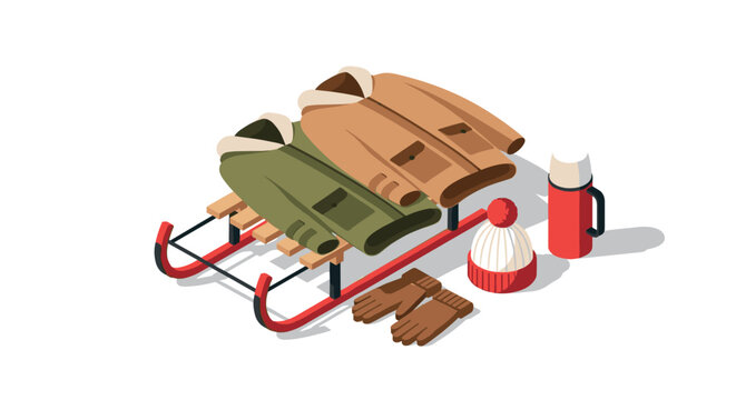 Isometric winter clothing set with jackets, gloves, and thermos on sled