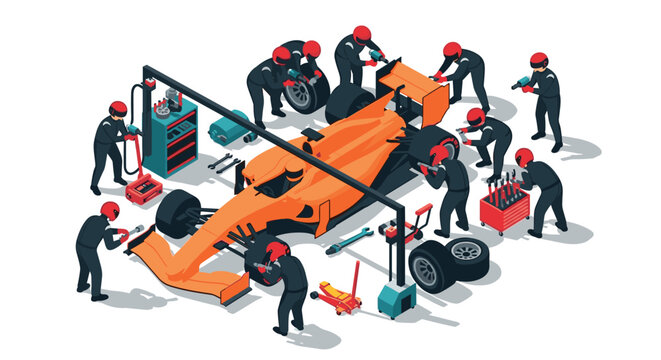 Efficient pit stop scene with crew working on race car in isometric style