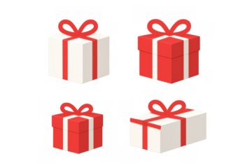 Gift boxes with red bows, various sizes and colors, celebrating special occasions, holidays, and birthday presents