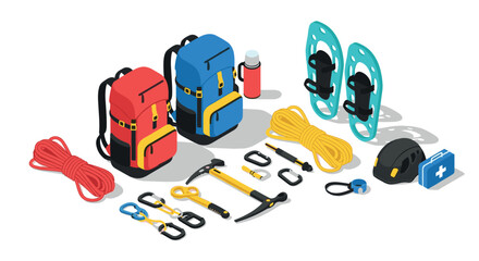 Fototapeta premium Isometric camping equipment backpacks, climbing gear, snowshoes and more adventure essentials