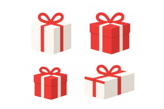 Gift boxes with red bows, various sizes and colors, celebrating special occasions, holidays, and birthday presents