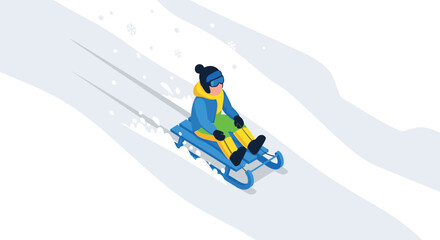 Winter fun person sledding downhill in isometric snowy landscape