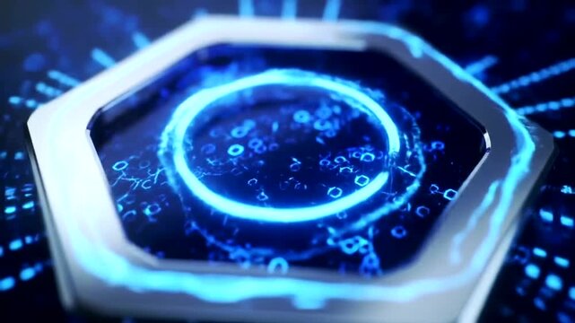Futuristic digital interface with glowing hexagonal design and binary code