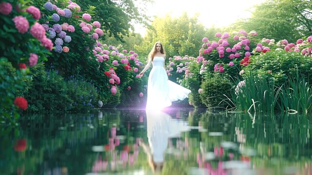 Dreamlike bridal figure in a white gown standing in a tranquil reflective pond surrounded by pink hydrangeas under golden sunlight