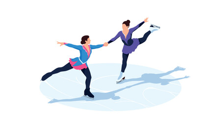 Obraz premium Elegant ice skating duo performing graceful moves on ice rink in isometric style