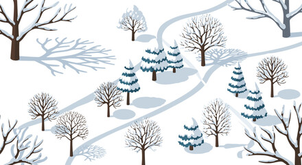 Winter forest scene with snowcovered trees and pathways