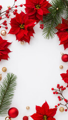 真上からの視点で整えた均整の取れた花枠にやわらかな陰影を添え白い背景がタイポグラフィを引き立てる洗練のクリスマス写真. 生成AI