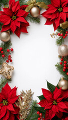 針葉樹の瑞々しい質感とポインセチアの鮮やかな花弁が白の清潔感に映え祝祭の高揚を伝える縦型フレームデザインのホリデー写真. 生成AI