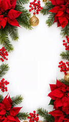 針葉樹の線的テクスチャが円環を描き赤い花の量感とバランスし中央の抜けに情報を載せやすい王道のホリデーフレーム. 生成AI