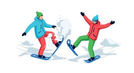 Obraz premium Joyful winter adventure with snowshoers laughing in the snowy landscape