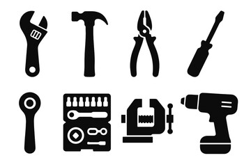 Obraz premium Tool Icons Collection. Solid style icons of Workshop Tools: adjustable wrench, hammer, pliers, screwdriver, ratchet, socket set,