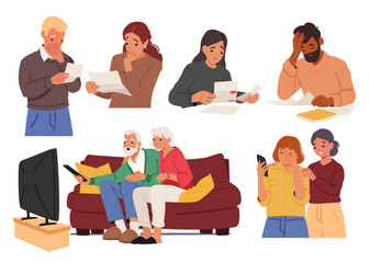 Fototapeta premium Diverse people cartoon characters reacting on received bad news from different resources set