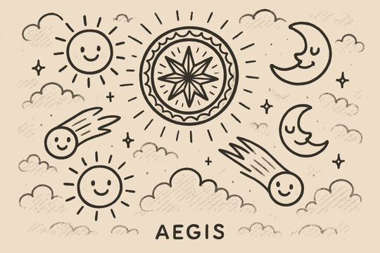 Celestial Doodle Fun. A doodle scene of the aegis floating in the sky, with smiling suns, cheerful moons, and playful comets