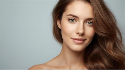 Naklejka premium Beautiful Woman Portrait: Smiling with Natural Makeup and Brown Hair