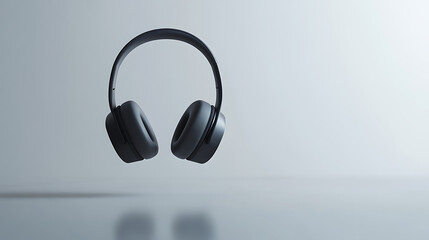Sleek matte black headphones float gracefully against a soft gray gradient backdrop, inviting listeners to immerse themselves in sound and experience audio perfection.