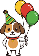 Obraz premium Cute cartoon dog with party hat holding colorful balloons for birthday celebration and festive occasions vector illustration 