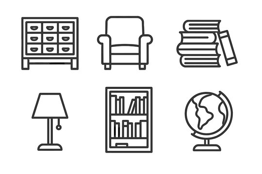 Library Icons Collection. Line style icons of library essentials: card catalog, reading chair, book stacks, lamp, bookshelf, globe