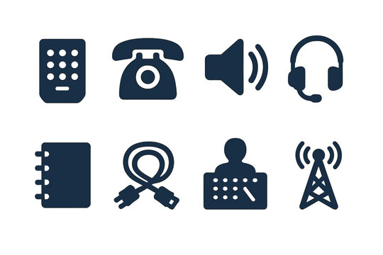 Icons of Phone Phreaking. Solid style icons of Early Phone Phreak Culture: Blue Box, Telephone, Tone, Headset, Notebook, Wires,