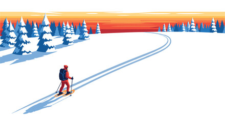 Sunset snow scene skier navigates a winter landscape with majestic pine trees