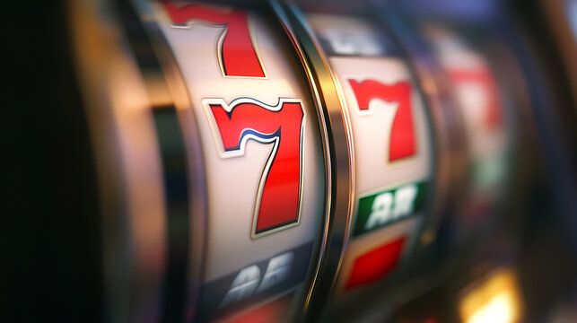 Close-up view of a slot machine, featuring three red '7' symbols. A display of luck and chance, ready to play. The thrill of the game in plain sight with vibrant colors and simple shapes.