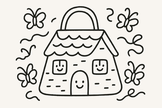 Whimsical House Reticule. A doodle of a reticule shaped like a little house, with smiling windows and doors, while butterflies and