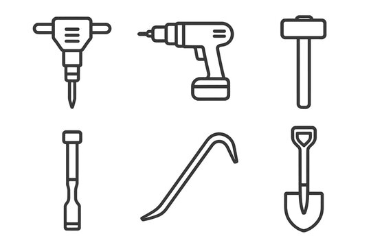 Mining Tools Icons. Line style icons of mining tools: jackhammer, drill, sledgehammer, chisel, crowbar, spade. No text, No labels,