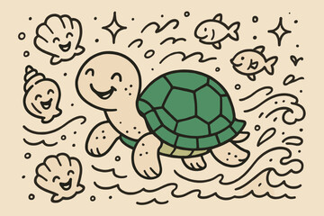 Obraz premium Cheerful Turtle Doodle. A doodle scene of a cheerful turtle with a smaragdine shell, surrounded by giggling seashells, playful