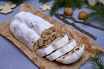 traditional German pastry Stollen for Christmas close-up