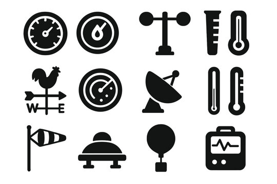 Weather Instrument Icons. Solid style icons of weather instruments: barometer, hygrometer, anemometer, rain gauge, weather vane,