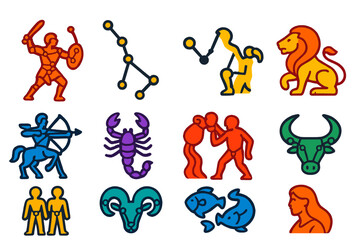 Colorful Constellation Icons. Flat vector icons of constellations: Orion hunter figure, Big Dipper group, Cassiopeia W-shape,