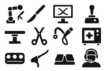 Obraz premium Robotic Surgery Icons. Solid style icons of robotic surgery: robotic arm, scalpel tool, console screen, joystick, operating table,
