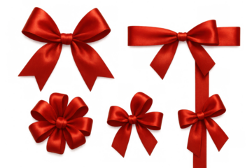 Red satin bows and ribbons set for gift wrapping, celebration decor, and festive design on transparent background