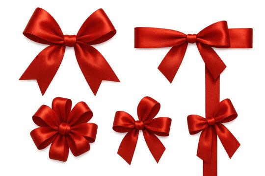 Red satin bows and ribbons set for gift wrapping, celebration decor, and festive design on transparent background - Powered by Adobe