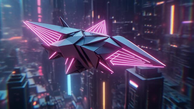 A glowing neon origami spaceship flying through a futuristic cityscape, paper texture visible, sci-fi style