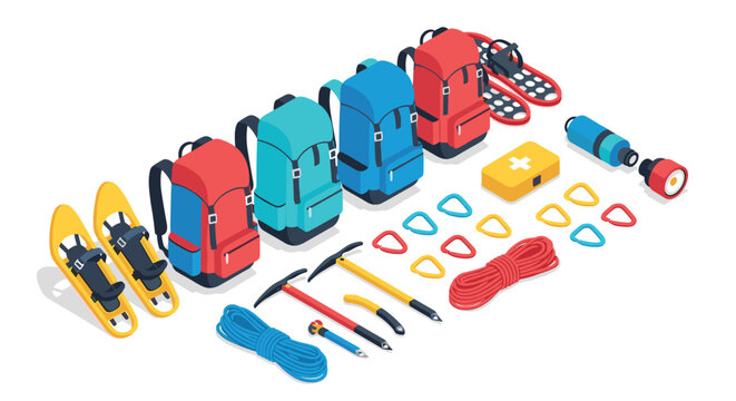 Outdoor adventure gear in isometric style featuring backpacks, climbing equipment, and snowshoes